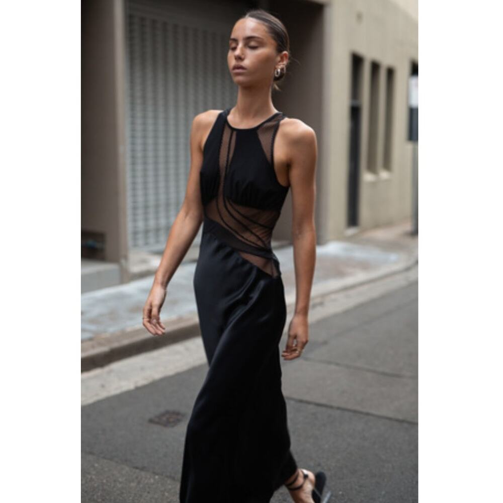 Elegant Black Maxi Dress with Sheer Paneling
